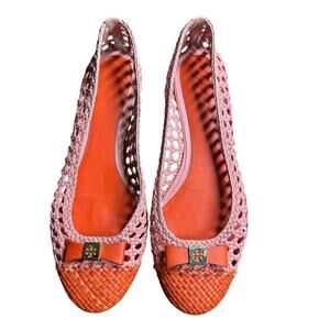 Tory Burch Pink and Orange Woven Ballet Flats